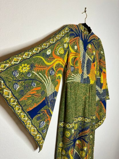 60’s Handmade Dramatic Bell Sleeve Kaftan from Hand Dyed Escalera Batik Cotton Fabric (S/M)