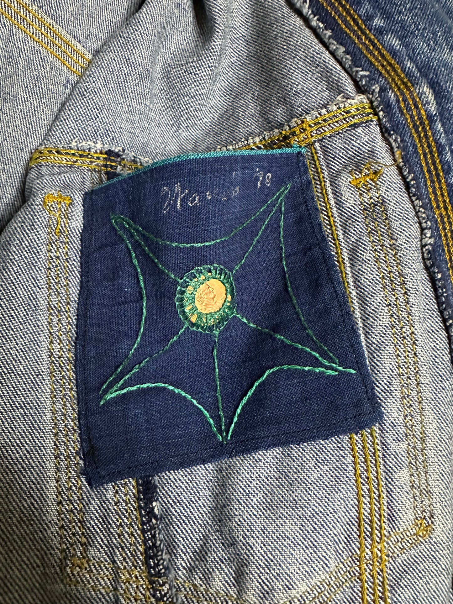 Vintage Sun Belt Patchwork Denim Trucker Jacket (Unisex L)