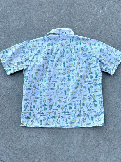 50’s Handmade Fish Printed Cotton Casual Shirt (Unisex S)