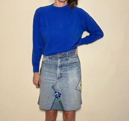 MCA REVIVAL: 70’s Wrangler No Fault Denim Handmade into Embroidered A-Line Skirt (8/10)