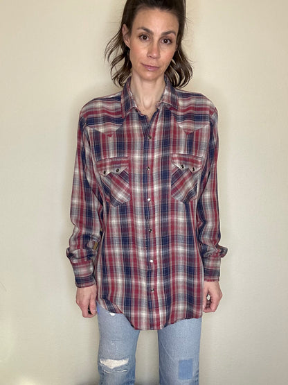 70’s Dee Cee Sawtooth Plaid Knit Western Pearl Snap Shirt (Unisex M)