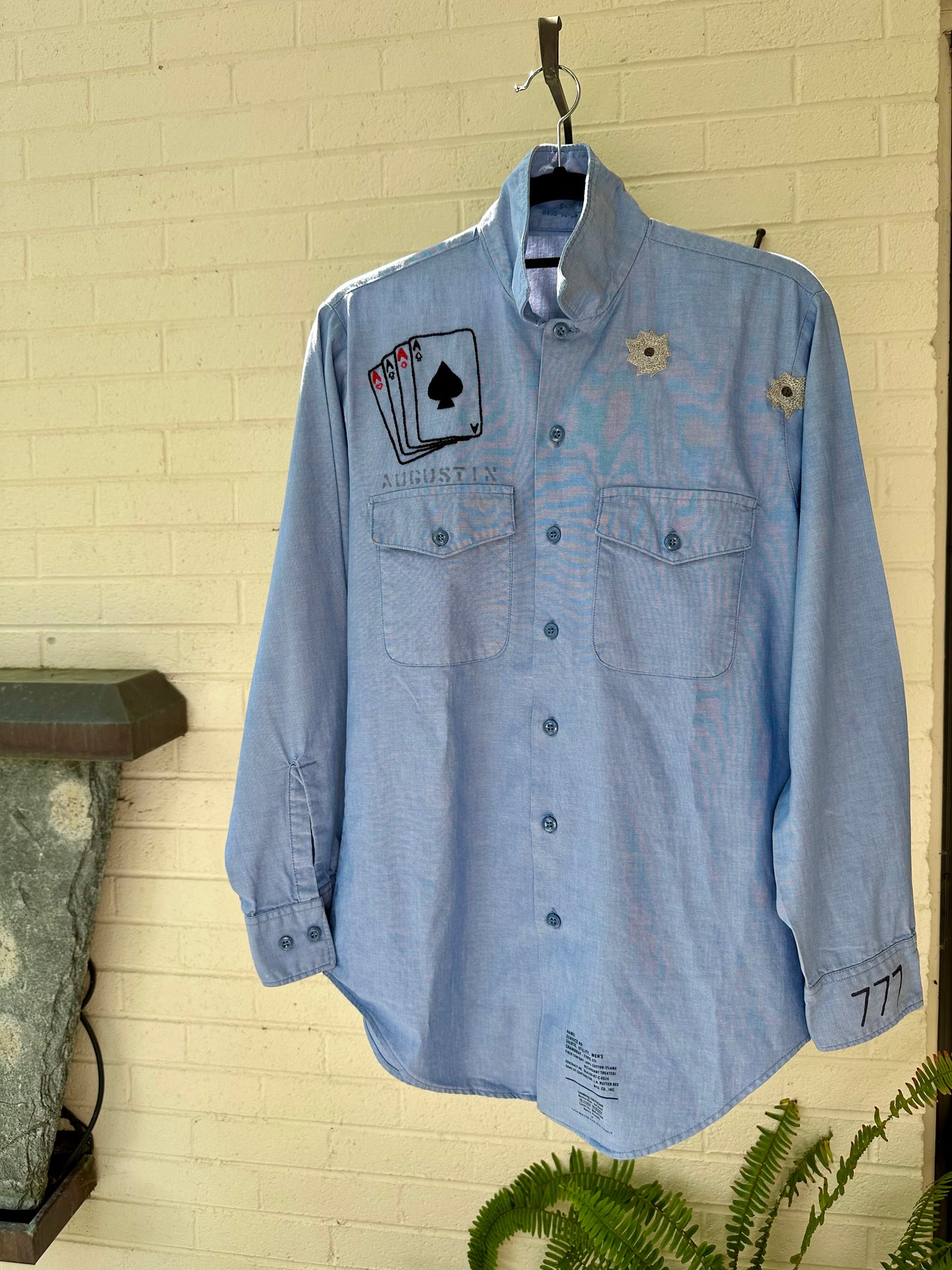 MCA Vintage Revival: Vintage Hand Embroidered Military Chambray Utility Shirt (Unisex S)