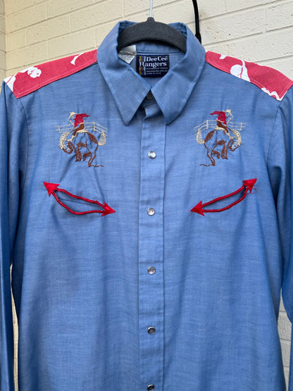 Custom Embroidered Patchwork Yoke Chambray Pearl Snap