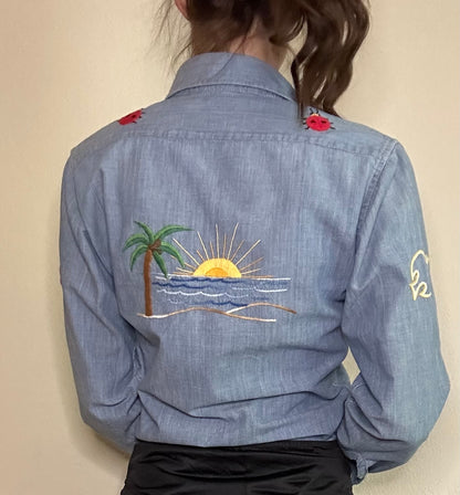 70’s Chambray Hand Embroidered Button-Down Shirt (Women’s S)