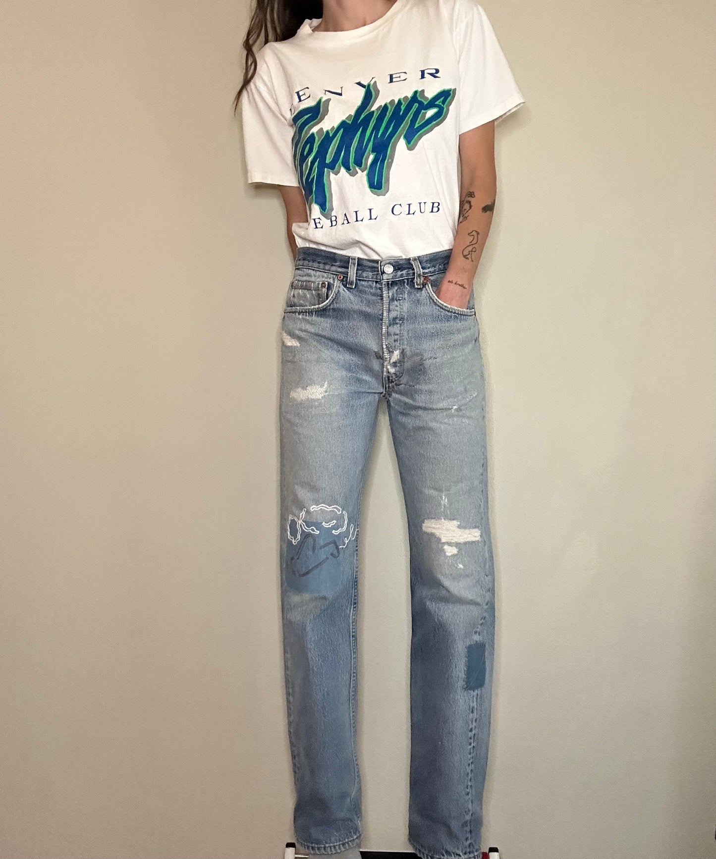 MCA Vintage Revival: 80’s Levi’s 501’s - Hand Patched & Hand Embroidered (31x32 / Modern 8)