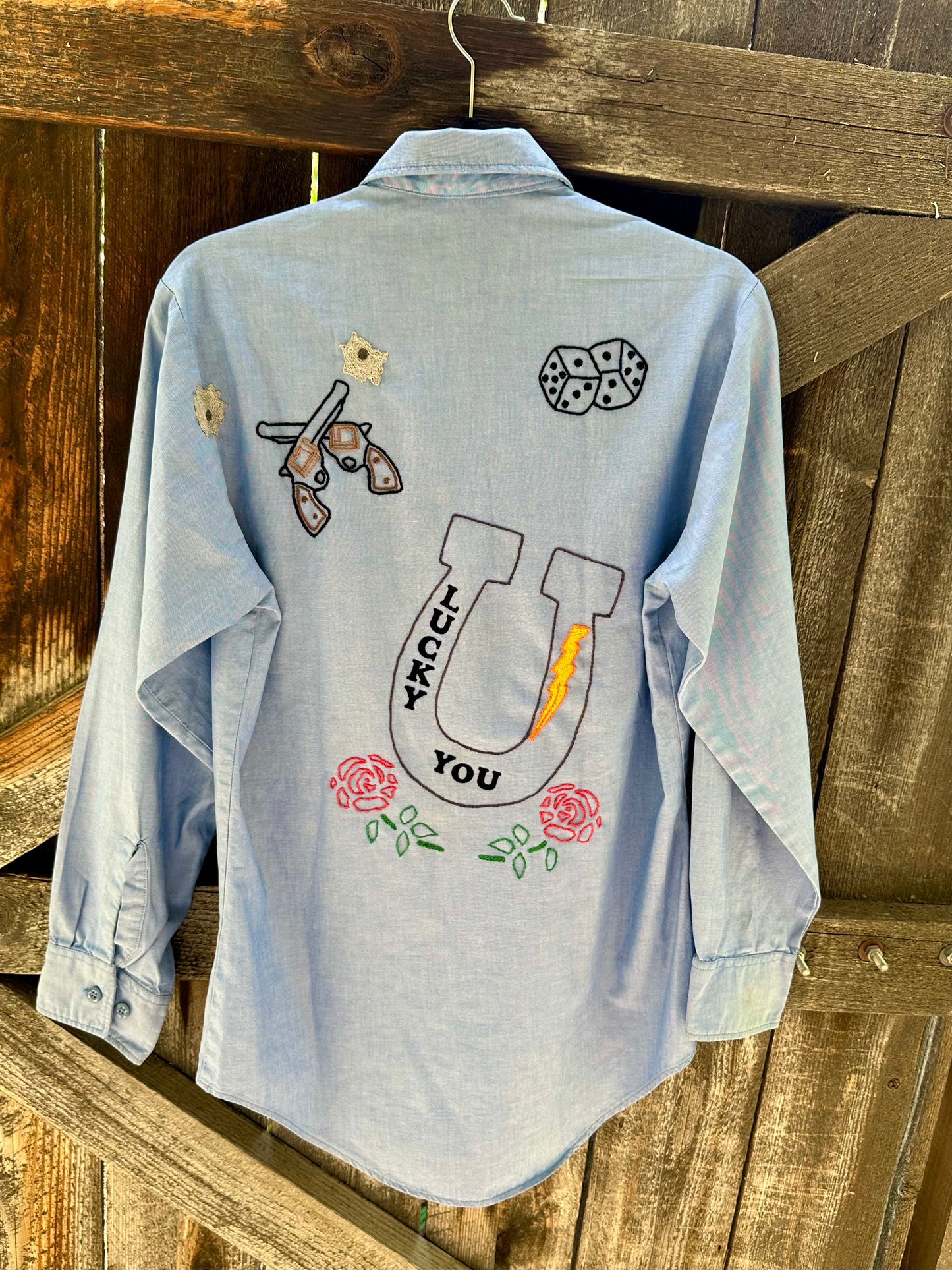 MCA Vintage Revival: Vintage Hand Embroidered Military Chambray Utility Shirt (Unisex S)