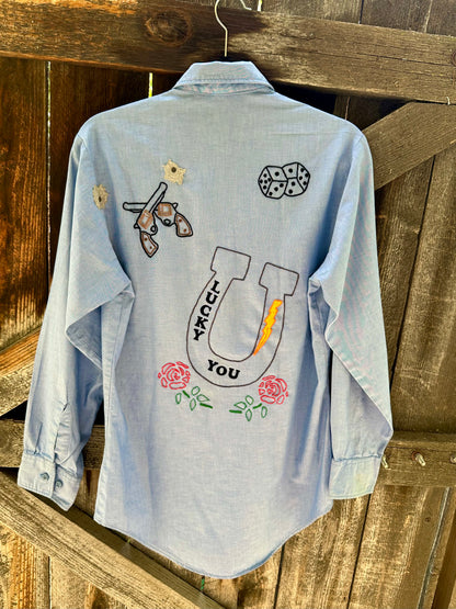 MCA Vintage Revival: Vintage Hand Embroidered Military Chambray Utility Shirt (Unisex S)