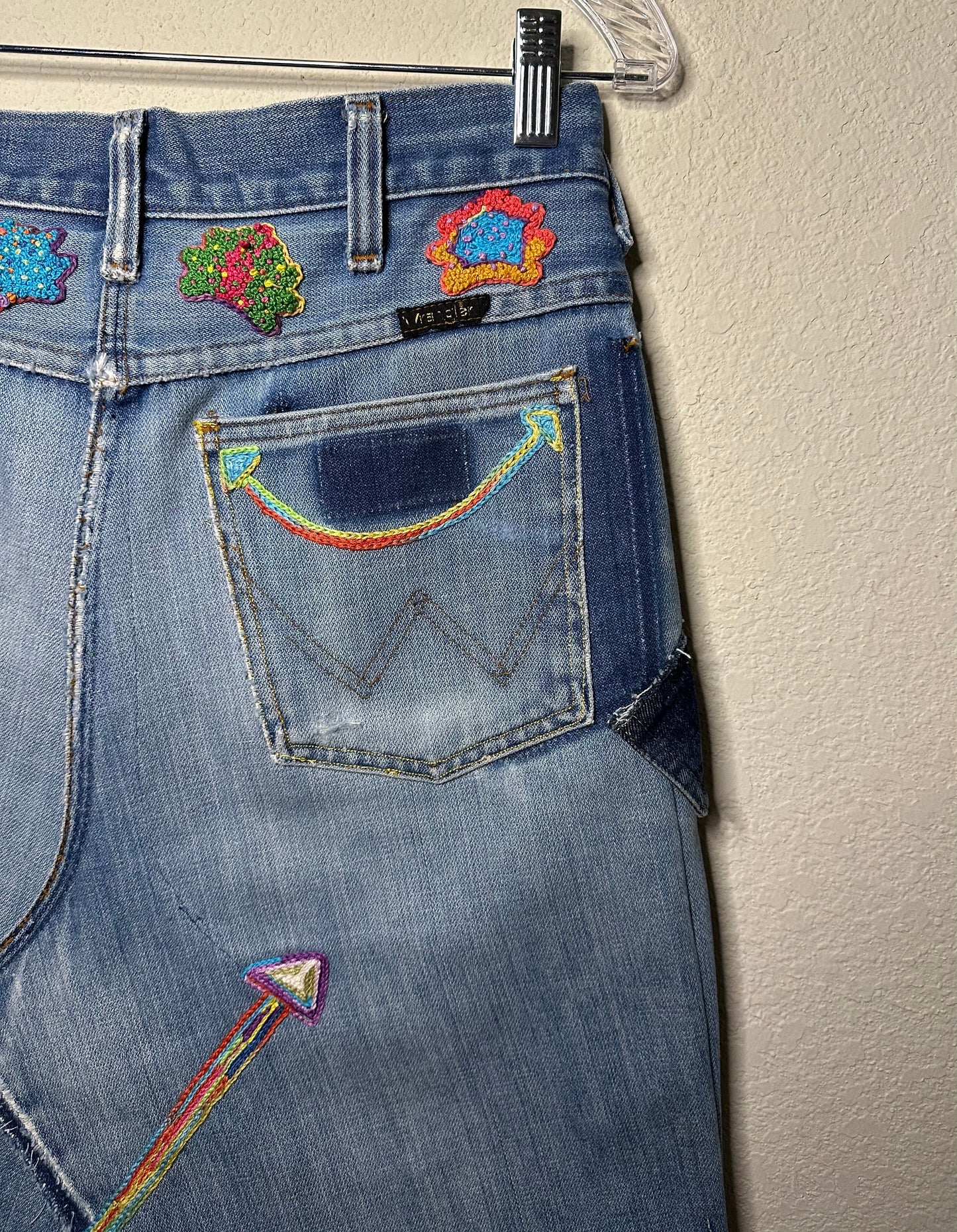 MCA REVIVAL: 70’s Wrangler No Fault Denim Handmade into Embroidered A-Line Skirt (8/10)