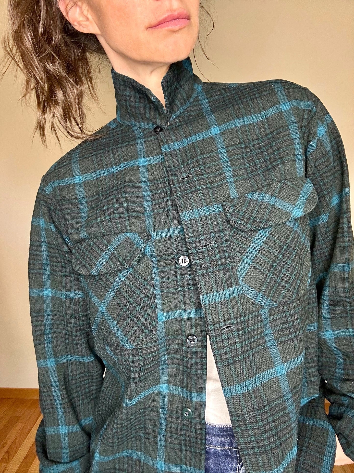 60’s Pendleton Wool Tartan Plaid Elbow Patch Board Shirt (Unisex S)