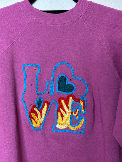 (MCA VINTAGE REVIVAL: 90’s Raglan Hand Embroidered Love Fire Sweatshirt (L)