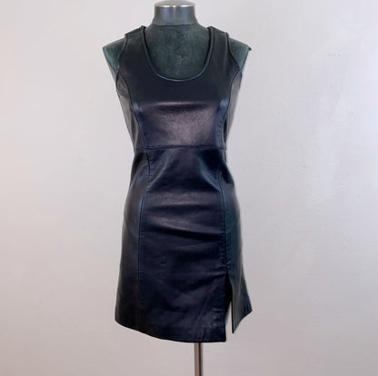 90s Black Leather Mod Micro Mini Slit Dress (XS/S)