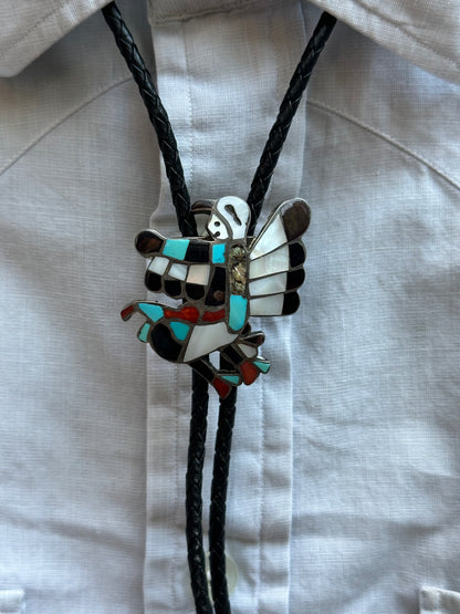 Old Pawn Signed Zuni Inlay Eagle Dancer Braided Leather Bolo Tie