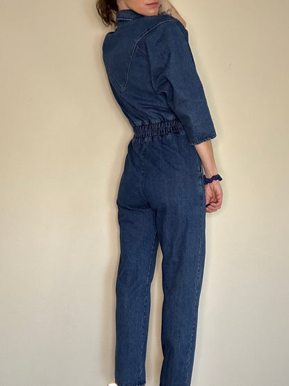 80s Western Denim Rhinestone Embellished Jumpsuit / Coveralls  (Unisex S/M)